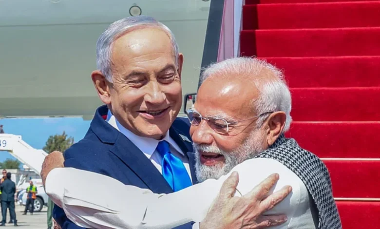 Indian Prime Minister Narendra Modi embraces Israeli Prime Minister Benjamin Netanyahu during a meeting.
