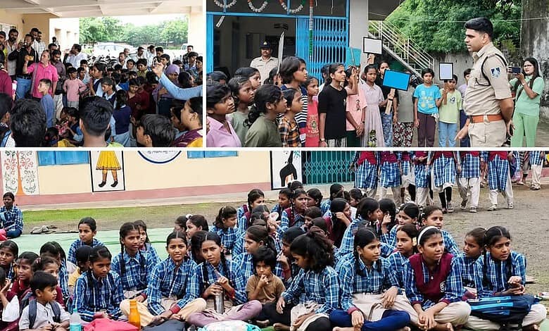 Children protesting school mergers in Madhya Pradesh with teachers and officials present.