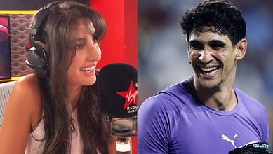 Nora Fatehi speaking into a microphone during a radio interview, Yassine smiling in a sports jersey.