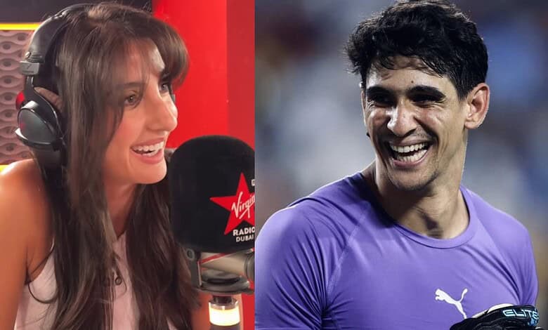 Nora Fatehi speaking into a microphone during a radio interview, Yassine smiling in a sports jersey.