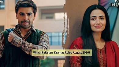 Pakistani actors in a scene from a drama, with a caption about August 2026 dramas.