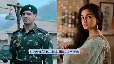 A soldier in uniform and a woman in traditional attire, representing patriotic cinema themes.