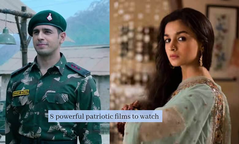 A soldier in uniform and a woman in traditional attire, representing patriotic cinema themes.