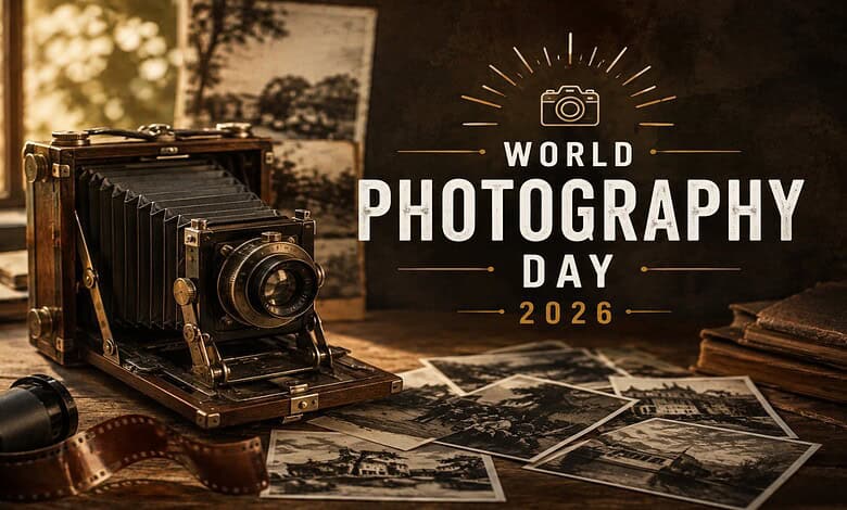Vintage camera on a wooden table with photographs, celebrating World Photography Day 2026.