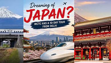 Promotional poster for Japan 10-day tour from Delhi with Mount Fuji and traditional temples.