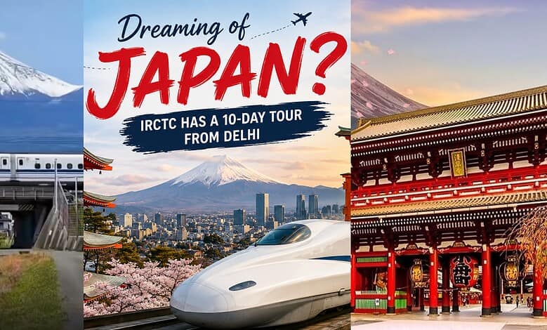 Promotional poster for Japan 10-day tour from Delhi with Mount Fuji and traditional temples.