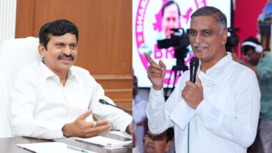 Telangana Revenue Minister Ponguleti Srinivas Reddy (left) and BRS Harish Rao (right)