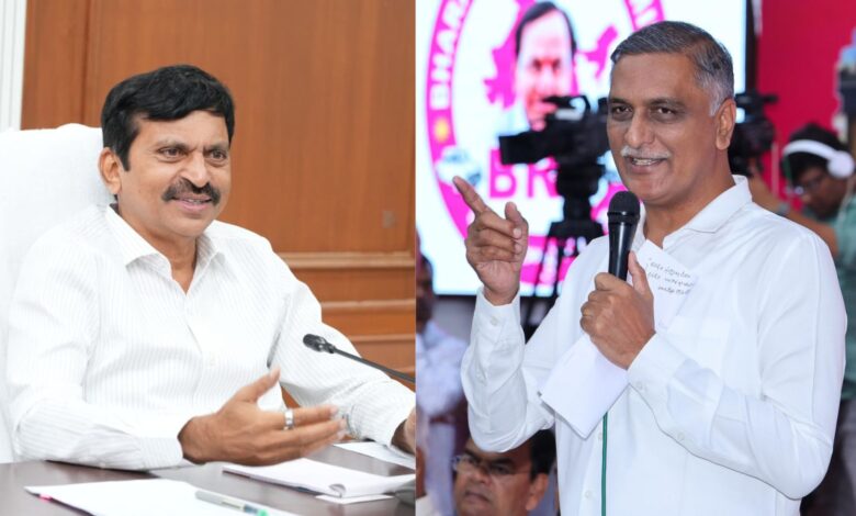 Telangana Revenue Minister Ponguleti Srinivas Reddy (left) and BRS Harish Rao (right)