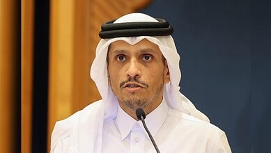 Qatar Prime Minister speaking at a conference in Tehran during Iran-US de-escalation talks.
