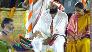 Telangana Irrigation Minister N Uttam Kumar Reddy and his wife N Padmavathi took part in a 'Varuna Yagam' in Nalgonda district.