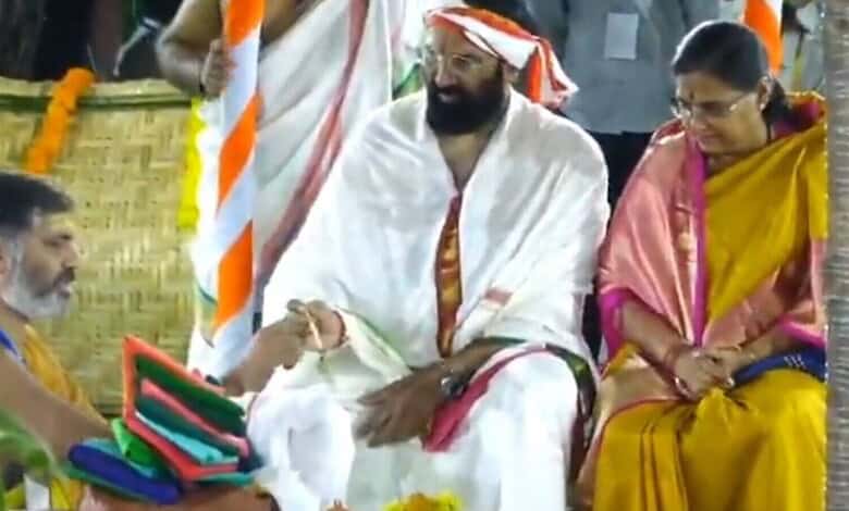Telangana Irrigation Minister N Uttam Kumar Reddy and his wife N Padmavathi took part in a 'Varuna Yagam' in Nalgonda district.