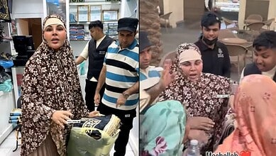 Rakhi Sawant in Makkah distributing jaananamaz, surrounded by fans and media.