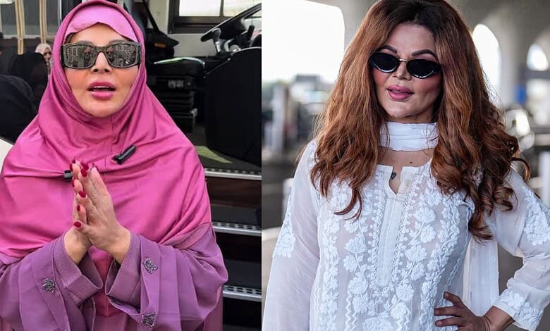 Rakhi Sawant in a pink hijab and sunglasses, praying with hands folded at an outdoor event.