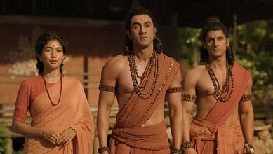 Actors in traditional costumes from the film Ramayana, set in a historical or mythological scene.