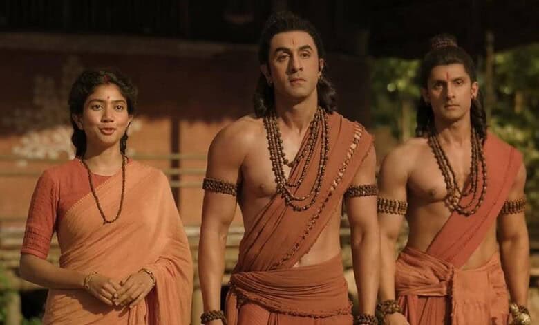 Actors in traditional costumes from the film Ramayana, set in a historical or mythological scene.