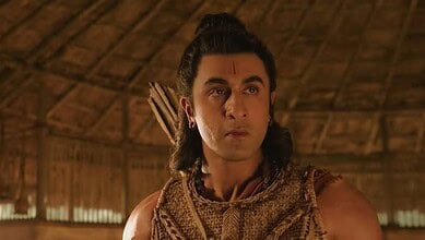 Actor dressed as Lord Ram in traditional costume for a film scene.