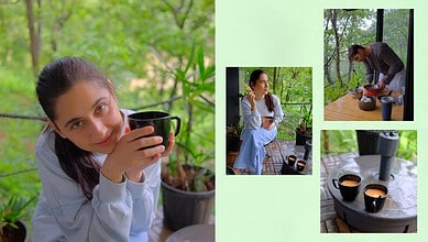Sanjeeda Shaikh enjoying tea outdoors in a lush green setting.