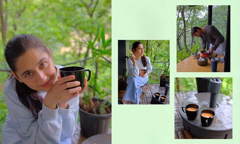 Sanjeeda Shaikh enjoying tea outdoors in a lush green setting.