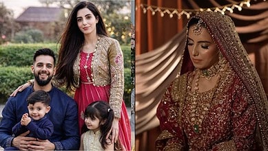 Family portrait and bride in traditional wedding attire at a celebration.