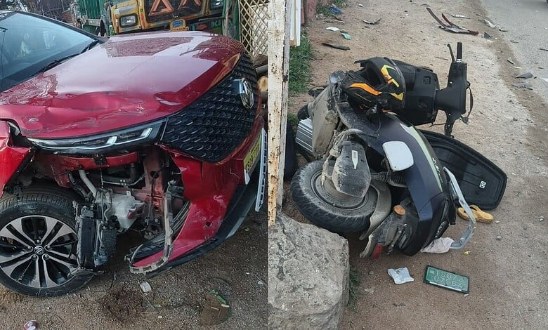 A mangled car and bike after acident in Bandlaguda