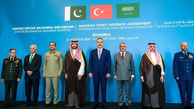 Leaders from Saudi Arabia, Turkey, and Pakistan at the Mecca Pact Secretariat launch in Istanbul.