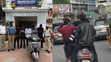Police officers and civilians gathered outside Kharabhatta Police Station in Hyderabad, India.