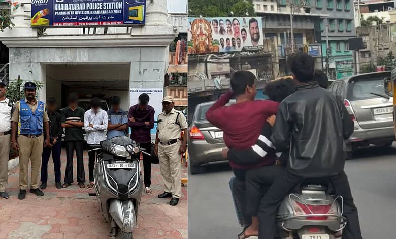 Police officers and civilians gathered outside Kharabhatta Police Station in Hyderabad, India.