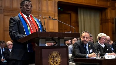 South African Ambassador Vusi Madonsela speaks at the ICJ in The Hague.