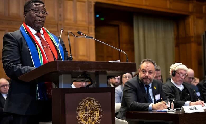 South African Ambassador Vusi Madonsela speaks at the ICJ in The Hague.