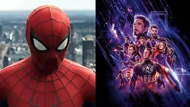 Close-up of Spider-Man in costume with a cityscape background.