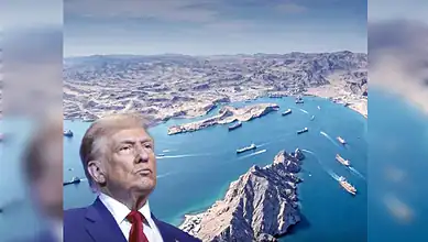 US President Donald Trump overlooking the Strait of Hormuz with ships and rugged coastline.