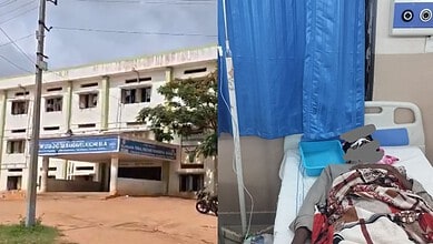 Student lying in hospital bed with medical equipment and blue curtain in background.