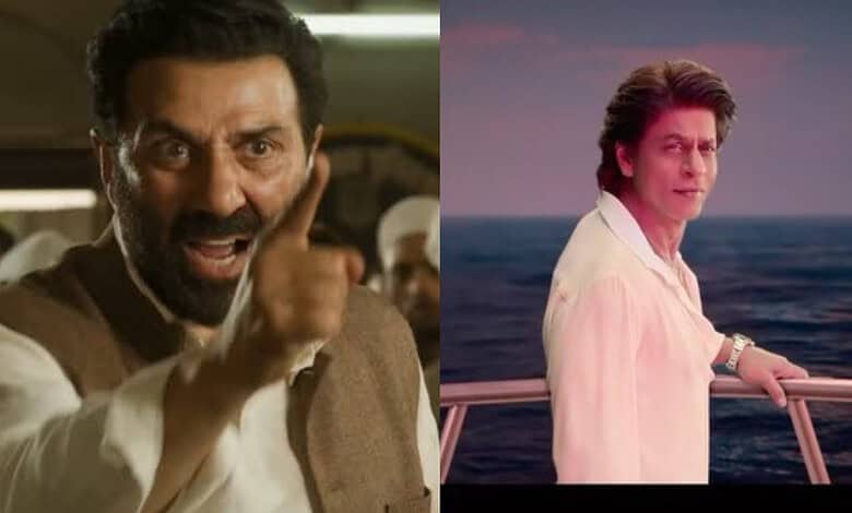 Sunny Deol and Shah Rukh Khan in a scene from a film or event, with contrasting backgrounds and attire.
