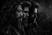 Three men with intense expressions in a dark, rainy setting, facing right.