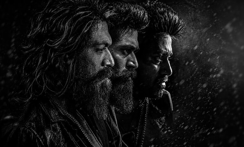 Three men with intense expressions in a dark, rainy setting, facing right.