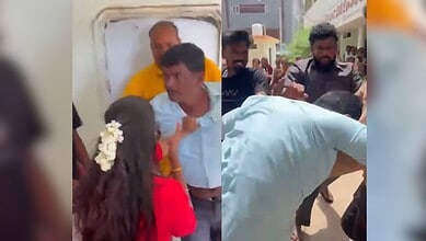 Teacher involved in misconduct incident with students in Telangana, captured in a crowd scene.