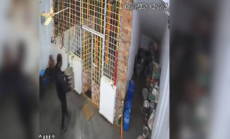 CCTV footage showing a man stealing a hundi from a temple in Sangareddy.