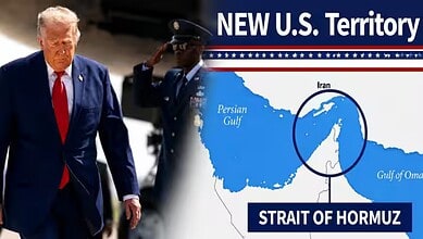Donald Trump walking with military personnel near a map of Iran and the Strait of Hormuz.
