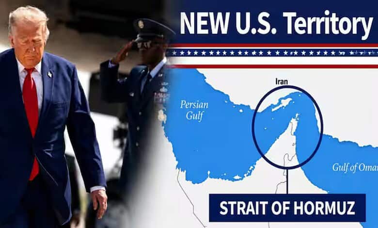 Donald Trump walking with military personnel near a map of Iran and the Strait of Hormuz.