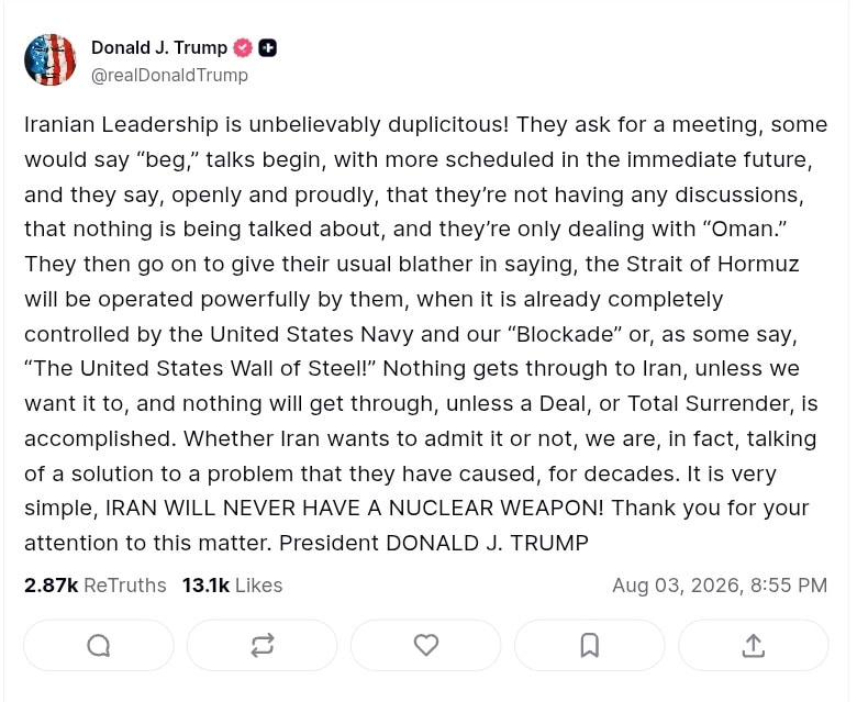 US President Donald Trump's Truth Social post claiming Iran sought talks with Washington.