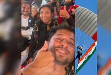 UAE-based Indians flying the Indian flag during a skydiving event in the UAE.