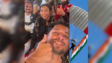 UAE-based Indians flying the Indian flag during a skydiving event in the UAE.