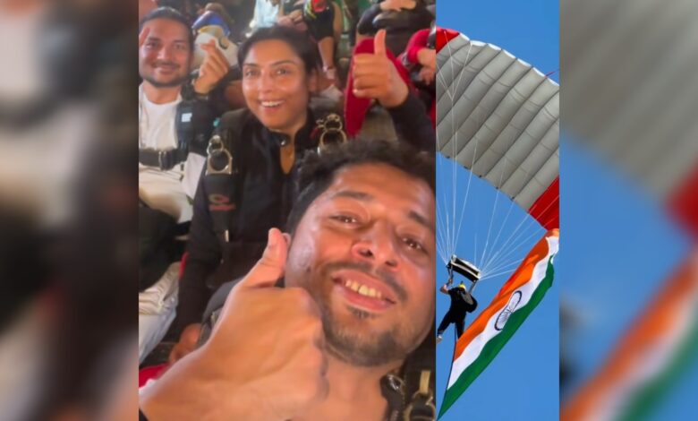 UAE-based Indians flying the Indian flag during a skydiving event in the UAE.