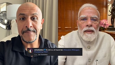 Vishal Dadlani and Narendra Modi in a split-screen selfie, both looking at the camera.