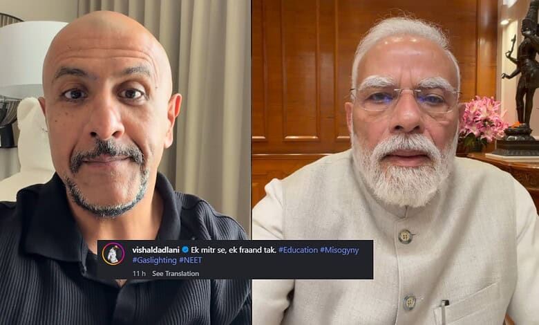 Vishal Dadlani and Narendra Modi in a split-screen selfie, both looking at the camera.