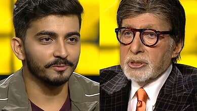 Young man and older man on KBC quiz show, intense discussion, yellow background.