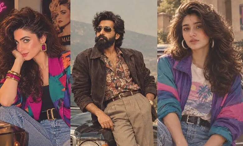 Three stylish 1980s fashion photos featuring vibrant colours and bold hairstyles.