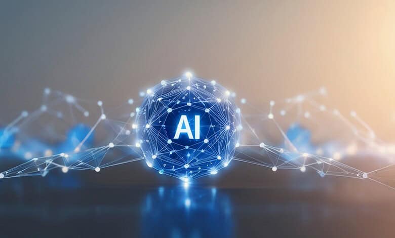 Digital AI concept with interconnected nodes and glowing AI sphere in blue tones.