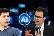 Two men in discussion about AI, with a digital AI graphic in the background.