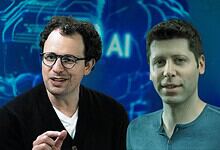 Two men in front of a digital AI-themed background at The Siasat Daily event.